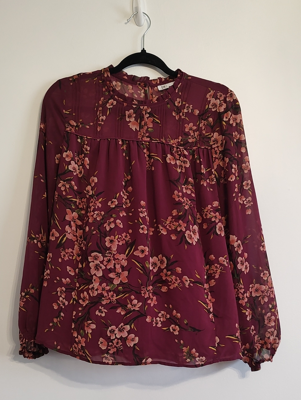 DR2 Burgundy Floral Long-Sleeve Blouse